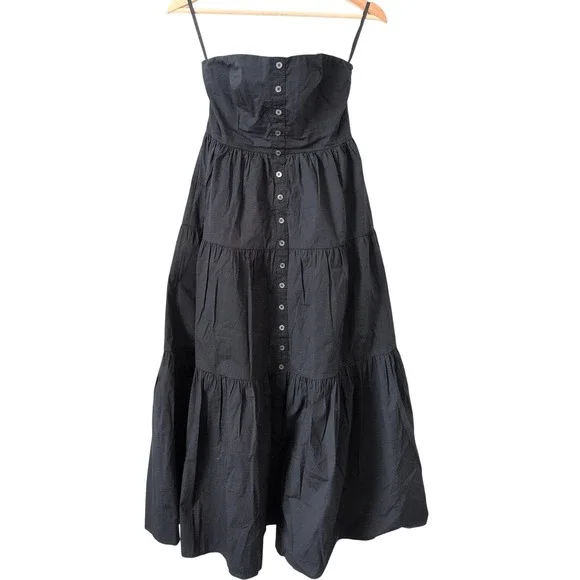 Staud Elroy Black Tiered Button Up Maxi Dress Strapless Smocked Back XS Capsule - Picture 2 of 10